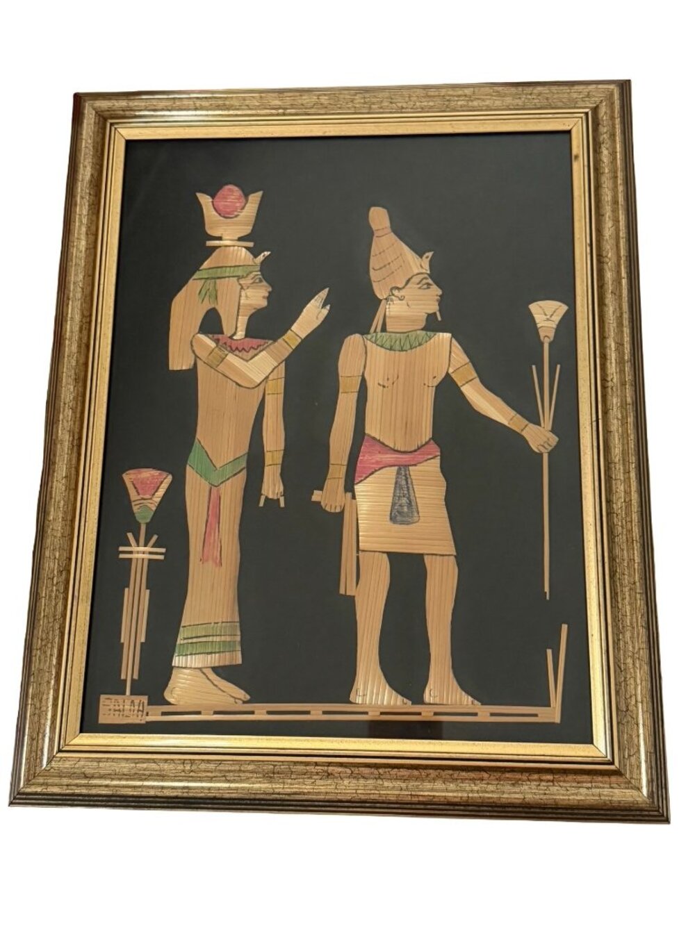 Vintage Egyptian Papyrus Style Straw Art Framed Wall Hanging Mid Century Decor